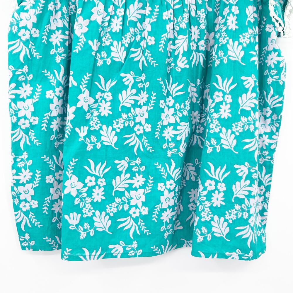 THML Teal Gray Lavender Floral Smocked Ruffle Sleeve Cotton Top Size Small - Picture 11 of 12